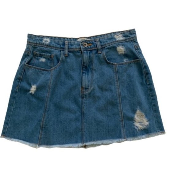 Forever 21 Jean Mini Skirt Seamed Front Distressed Raw Hem Denim Skirt Size 30 - Picture 10 of 10